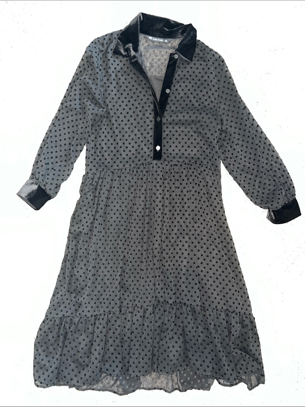 Zara Black Polka Dot Velvet-Trim Dress